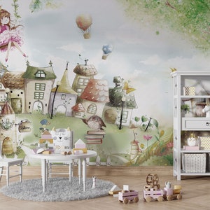 Baby Kinderzimmer Feendorf Kinderzimmer Wandbilder, Aquarell Design Kinder Tapete, Feenwaldhäuser Kinderwandbild, Spielzimmer Tapete