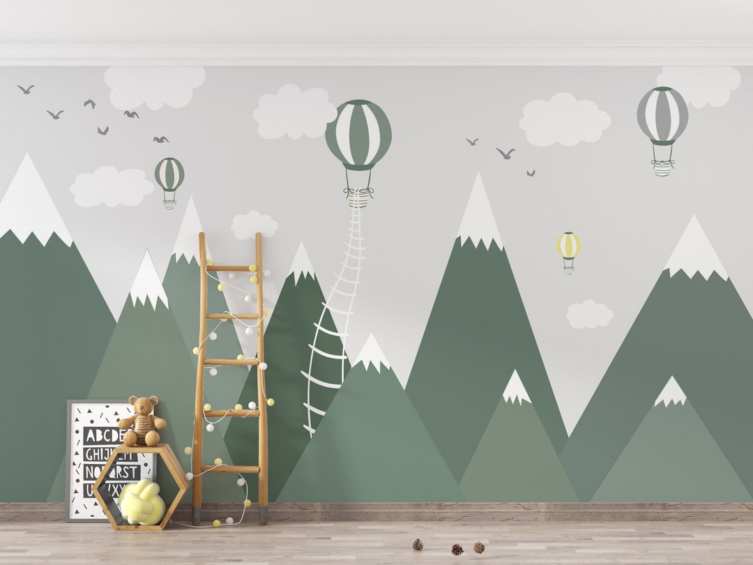 Mountain Hot Air Balloon Wallpaper Mural – Green Gray Nursery Decor ...