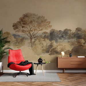 Pastel Watercolour Tree wall mural, Scenic painting, Removable or Regular Wallpaper, Vintage Forest Landscape, Woodland Peel And Stick Mural