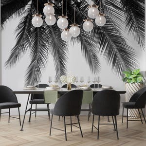 Black White Tropical Palm Leaves Living Room Peel and Stick Wall Mural, Black White Palm Trees Bedroom Wall Mural Decor, Bathroom Wall Mural
