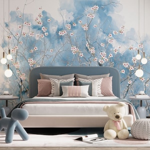 Chinoiserie Cherry Blossoms Wallpaper | Asian Blue Color Flowers Wall Mural | Watercolor Flowers Living Room Mural | Asian Wallpaper
