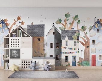 Für die Fantasie Ihrer Kinder: Nordische Stadt Häuser Tapete, Kinder Spielzimmer zum Abziehen und Aufkleben Wandbild, Niedliche skandinavische Häuser Kinderzimmer Wandbild