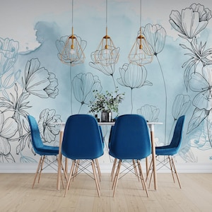 Blue Color Abstract Flowers Wall Mural | Abstract Self Adhesive Mural | Watercolor Design Floral Wallpaper | Removable Wallpaper