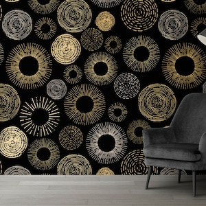 Mid Century Wall Mural, Abstract Black Gold Color Peel and Stick Wallpaper,  Living Room Easy Removable Wall Mural, Geometric Wallpaper