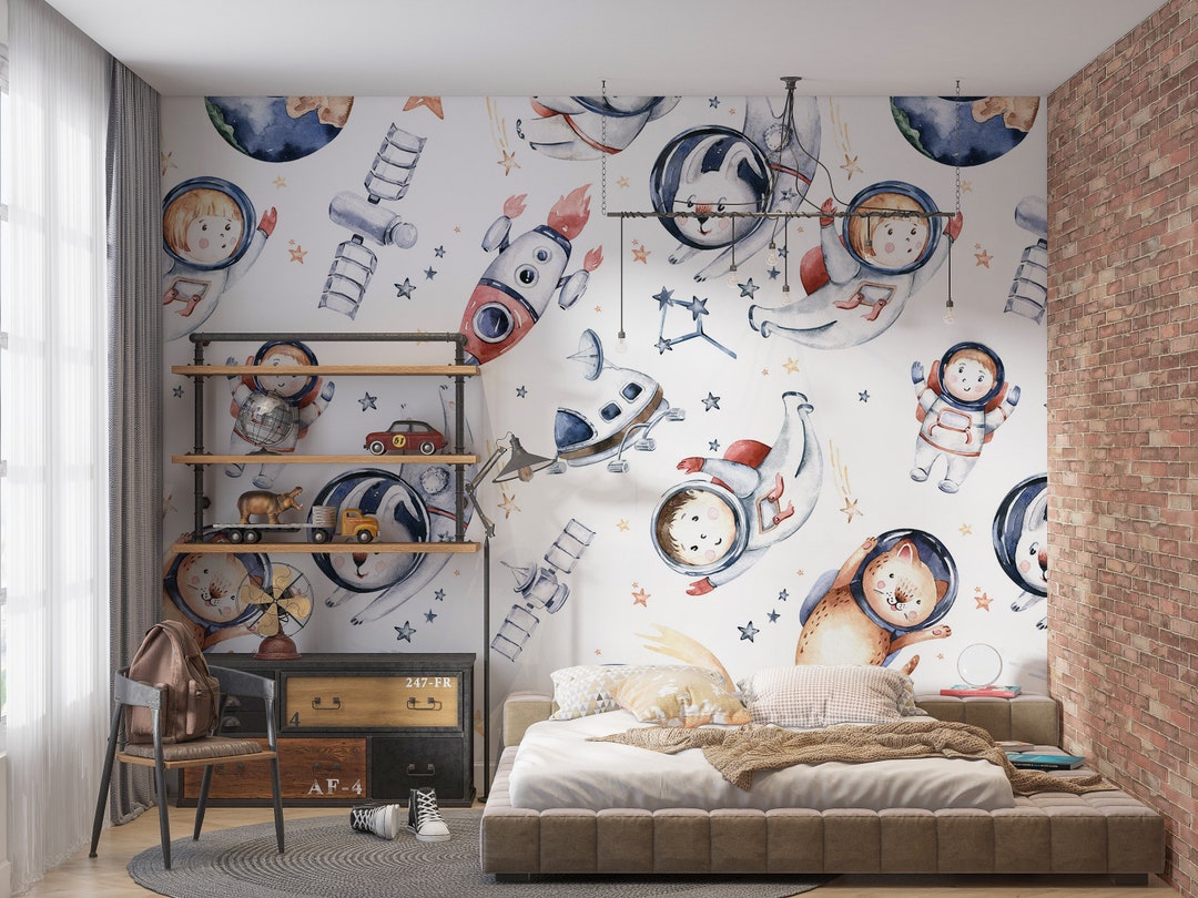 Astronaut Kids Play Room Wallpaper | Space Nursery Wall Murals | Galaxy ...