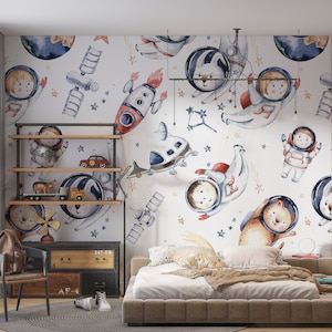Astronaut Kids Play Room Wallpaper | Space Nursery Wall Murals | Galaxy Kids Room Wall Mural | Space Wall Poster | Space Nursery Wallpaper