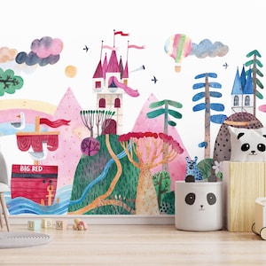Papel pintado infantil de estilo nórdico, mural infantil con diseño de barco y bosque, papel pintado con castillo en tonos pastel y bosque, mural autoadhesivo para habitación infantil con diseño de bosque.