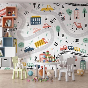 Carta da parati murale per la cameretta dei bambini con macchinine giocattolo, carta da parati per bambini a tema auto, poster murali divertenti per bambini, decorazione murale per la cameretta dei bambini con macchinine giocattolo