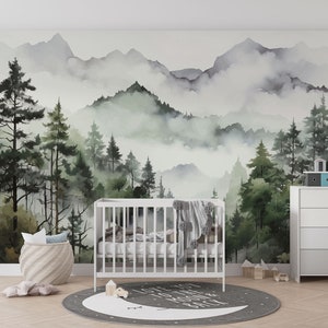 Bäume Kinder Tapete, Bergbäume Schälen und Aufkleben Wandbild, Selbstklebende Wald Kinderzimmer Tapete, Kinderzimmer Aquarell Wald Wandbilder