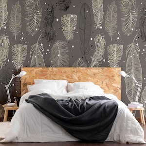 Bohemian Style Living Room Wallpaper, Modern Abstract Bird Feathers Kids Wallpaper, Custom Size Pastel Gray Colors Boho Child Room Wallpaper