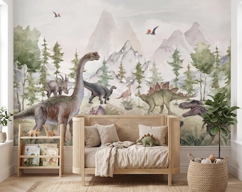 Watercolor Dinosaur Wallpaper Mural, Peel and Stick or Traditional, Kids Room Decor