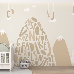 Buchstaben Berge Kinderzimmer Wandbilder, Abnehmbare Tapete Anpassbare Pastellfarben Berge Kinder Tapeten, Baby Kinderzimmer Berge Wandbilder
