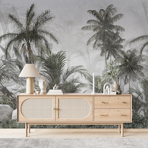 Natural Tropical Landscape Wallpaper, Vintage Design Tropical Wallpaper, Palm Trees Wall Mural, Forest Wallpaper, Vintage Wall Decor