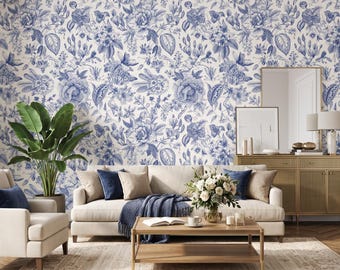 Minimalist Blue White Floral Wallpaper, French Country Toile de Jouy Mural Vintage Chinoiserie Decor