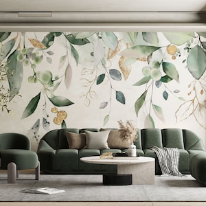 Custom Size Green Eucalyptus Peel and Stick Wallpaper - Leaves and Branches Removable Wall Decal - Watercolor Botanical Self Adhesive Paper