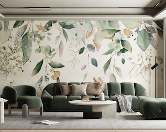 Custom Size Green Eucalyptus Peel and Stick Wallpaper - Leaves and Branches Removable Wall Decal - Watercolor Botanical Self Adhesive Papers