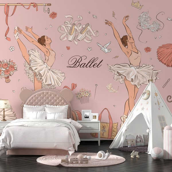 Ballet Art School Mural, Ballerina Kids Wallpaper, Pink Color Nursery Wall Murals, Customizable Ballerina Mural, Baby Girl Nursery Wallpaper