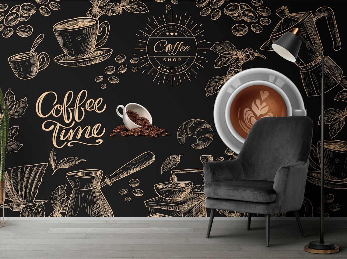 Coffee Wall Mural Stylish Coffee Shop Wallpaper French Style Etsy