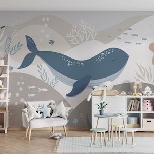 The Nordic Style Cute Blue Whale Baby Kids Room Wallpaper, Underwater Life Nursery Wall Mural, Beige Blue Colors Child Room Wallpaper Murals