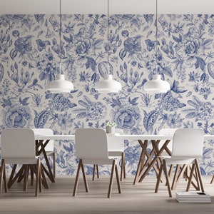 Blue Flowers Peel Stick Wall Mural, Flower Bathroom Wallpaper, Florals Living Room Wall Murals, Vintage Florals Self Adhesive Kids Wallpaper