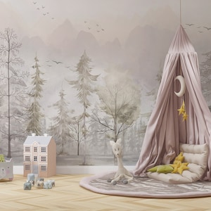 The Nordic Style Kids Wallpaper, European Style, Forest Woods Wall Mural, Peel And Stick Watercolor Pastel Color Forest Removable Wallpaper