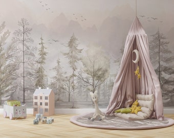 The Nordic Style Kids Wallpaper, European Style, Forest Woods Wall Mural, Peel And Stick Watercolor Pastel Color Forest Removable Wallpaper