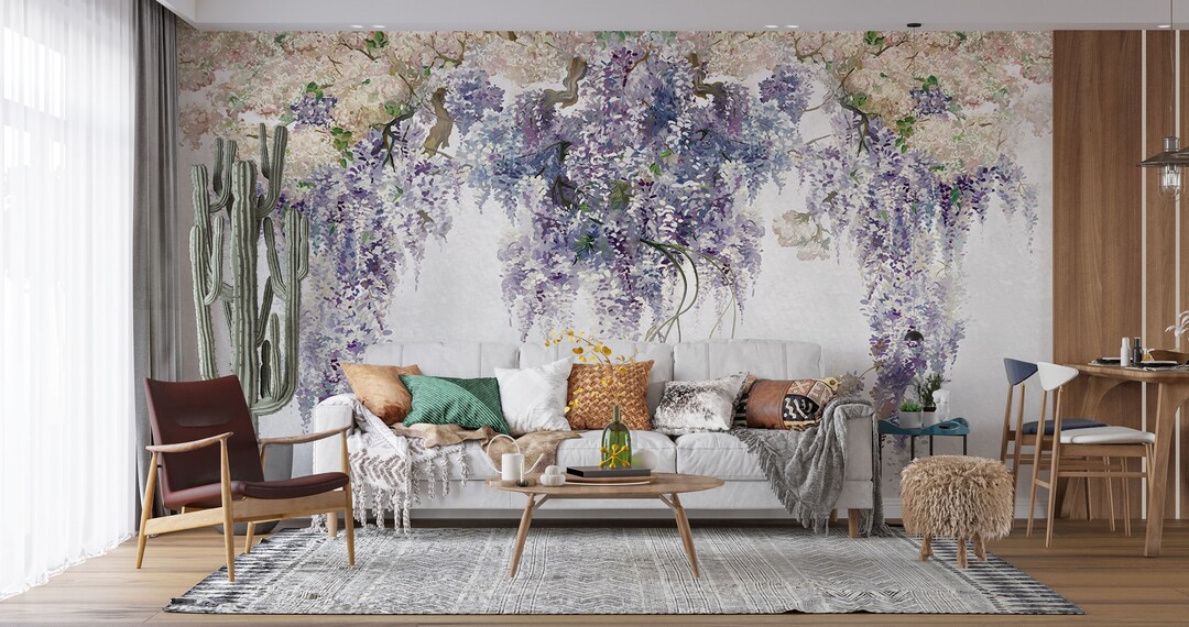 Watercolor Wisteria Wallpaper, Vintage Floral Removable Wallcovering ...