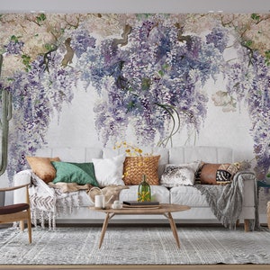 Watercolor Wisteria Flowers Wallpaper, Vintage Stylish Floral Removable Living Room, Bedroom Wall Mural. Retro Design Flowers Wallcovering