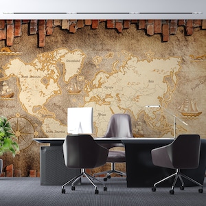 Papier peint carte du monde aspect brique, couleurs marron et beige, papier auto-adhésif, carte du monde, carte du monde, décoration murale de bureau vintage
