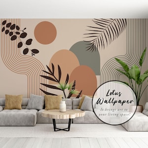 May include: A wall mural featuring a beige background with abstract geometric shapes in terracotta, sage green, and brown. The design includes vertical line patterns, a large circle, and dark brown silhouettes of palm and eucalyptus leaves.