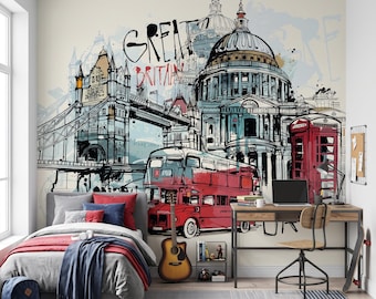London Cityscape Wall Mural Vintage British Architecture Wallpaper Peel and Stick Decor