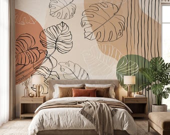 Boho Monstera Leaf Wallpaper Abstract Botanical Wall Mural Peel and Stick