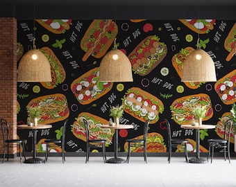 Hot Dog Wall Mural, Fast Food Wallpaper, Restaurant Decor Art