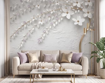 3D Relief White Floral Wall Mural, Gold Branch Peel and Stick Wallpaper, Nursery Decor