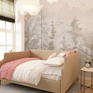 The Nordic Style Kids Wallpaper, European Style, Forest Woods Wall Mural, Peel And Stick Watercolor Pastel Color Forest Removable Wallpaper image 3