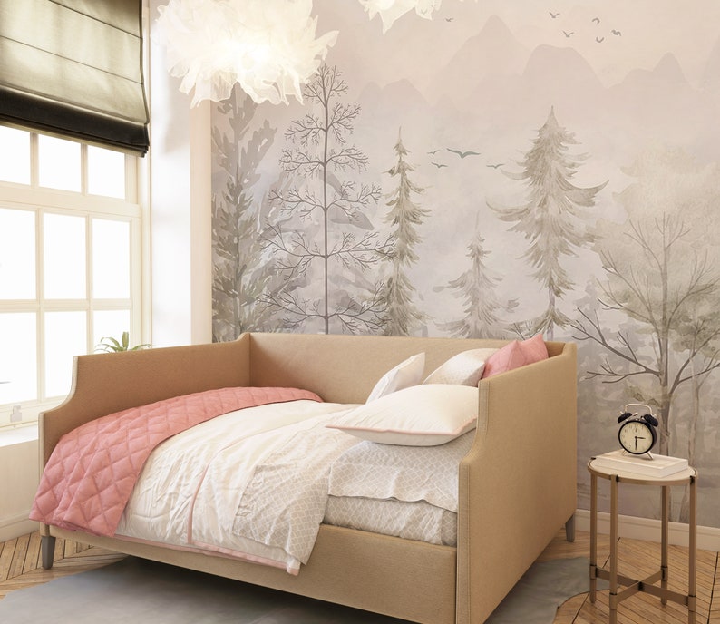 The Nordic Style Kids Wallpaper, European Style, Forest Woods Wall Mural, Peel And Stick Watercolor Pastel Color Forest Removable Wallpaper image 3