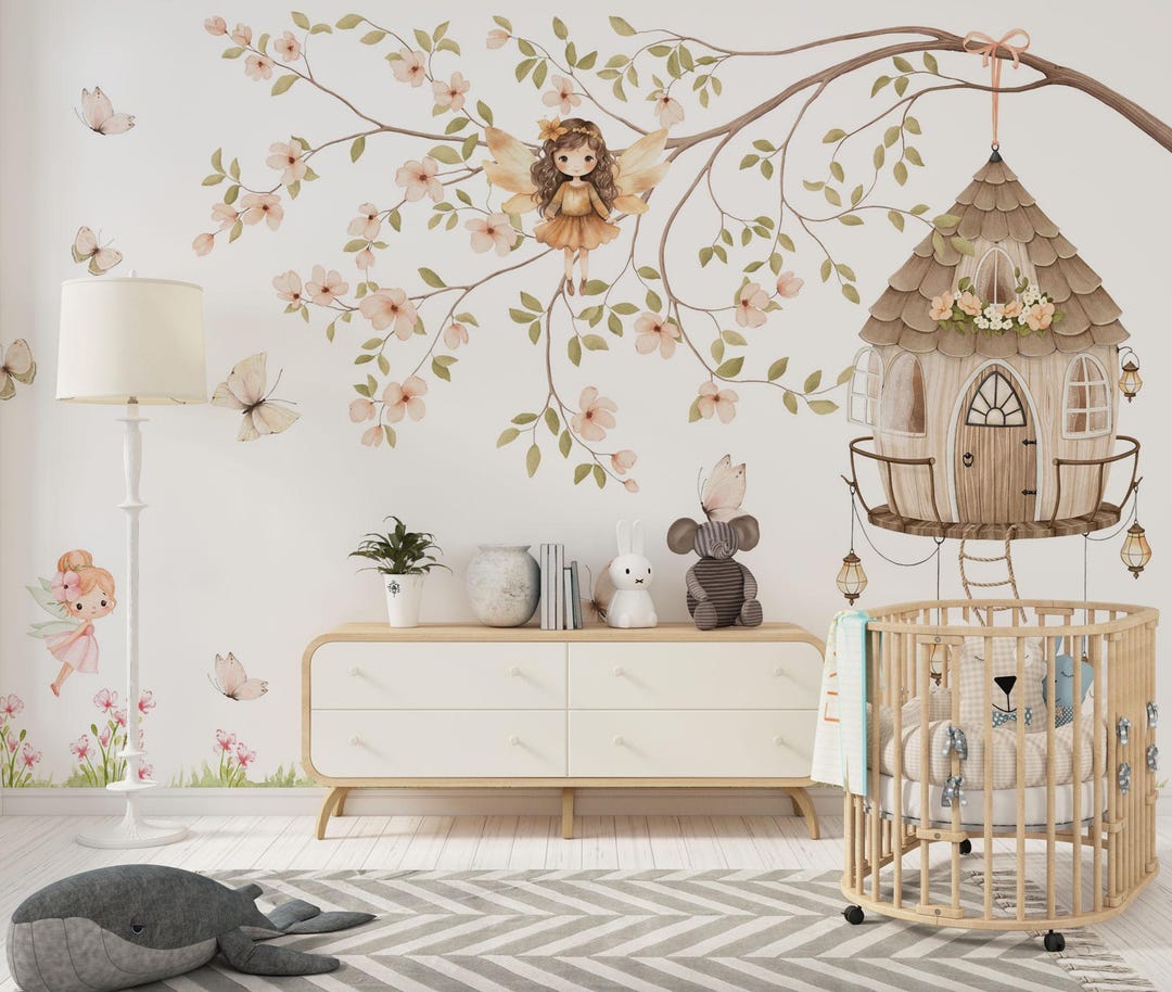Fairy Magic Forest Wall Mural, Boho Tree Kids Wallpaper, Enchanted ...