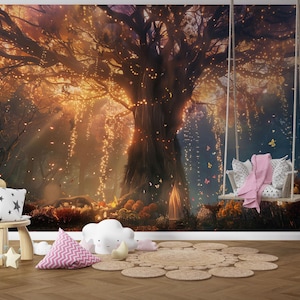 Pastel Colors Magic Tree Of Life Self Adhesive Nursery Wallpaper, Magic Woodland Tree Forest Wallpaper, Light Tree Forest Kids Wall Murals