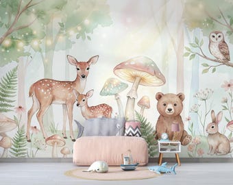 Papel pintado infantil con animales del bosque, mural de pared del bosque encantado, decoración de pared de ciervos y osos caprichosos, murales autoadhesivos de amigos del bosque.