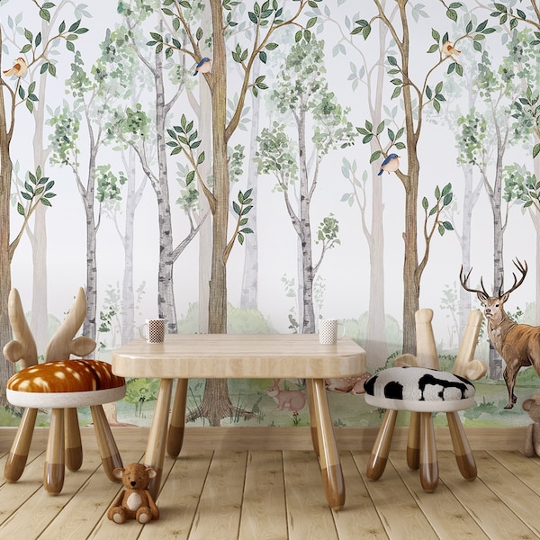 Peel And Stick Watercolor Birch Tree Forest Wallpaper Nursery Décor Woodland Animals Decal Removable Reusable - Customizable Kids Wallpaper