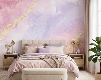 Pink Purple Watercolor Wallpaper Gold Glitter Accent Wall Mural Removable Wall Decor