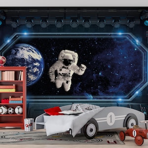 Murales realistici per la sala giochi con astronavi, carta da parati per bambini con aspetto spaziale, murale per la sala giochi, murale a tema spaziale con astronauti, murale per la cameretta dei bambini