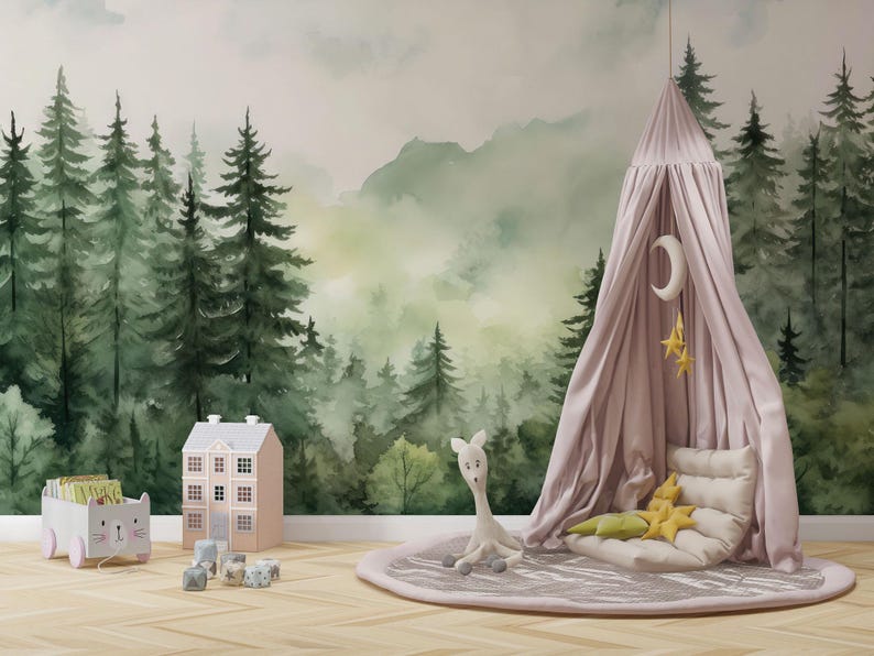 Kids Wallpaper - Mountain and Trees Peel and Stick Wall Mural - Self ...