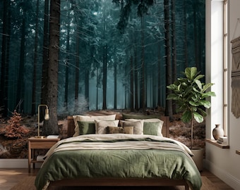 Misty Pine Forest Wall Mural Dark Woodland Wallpaper Peel and Stick Nature Wall Decor
