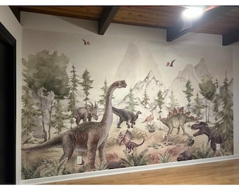 May include: A mural depicting a prehistoric landscape with various dinosaurs, trees, and mountains. The color palette includes shades of brown, green, and gray, creating a naturalistic scene. The mural is installed on a wall.
