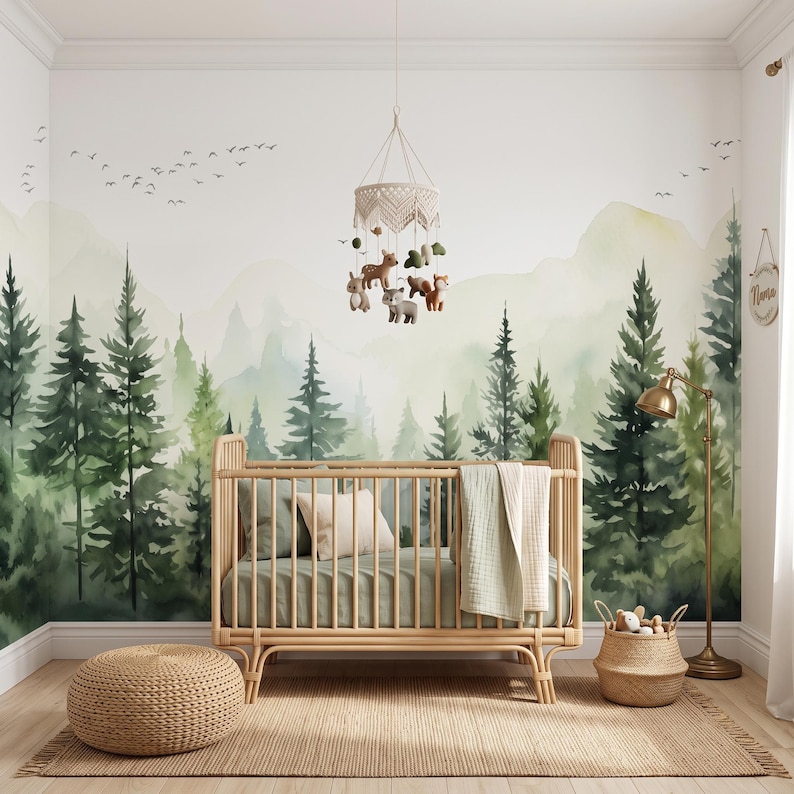 Misty Sage Green Pine Forest Nursery Wall Mural Watercolor Woodland ...