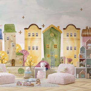 Colourful Cute Village Houses Peel And Stick Kids Wallpaper | City Houses Baby Nursery Kids Wallpaper | Nordic houses for children&#39;s rooms