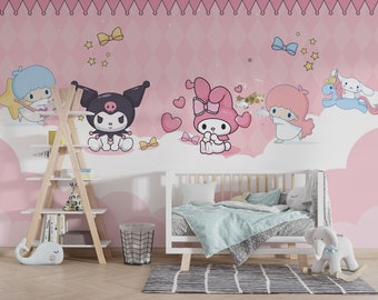 Carta da parati per bambini con personaggi Sanrio, decorazione murale Kuromi Hello Kitty, decorazione per la cameretta Kuromi, carta da parati autoadesiva rosa per la cameretta delle bambine.