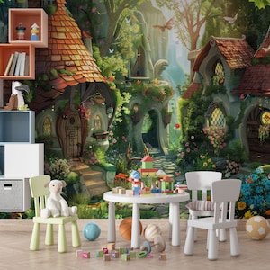 Zauberwald Kinder Tapete, Feenwaldhäuser, Baum Hobbit Häuser Baby Kinderzimmer Wandbild, Kinderzimmer Märchenhäuser Wandbild