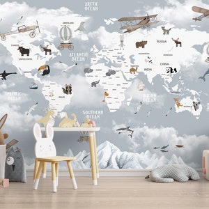Weltkarte Tier Heißluftballon Kinder Wandbild, Kinder Weltkarte Wallpaper für Kinder Aquarell Karte Wandbild Schälen und aufkleben